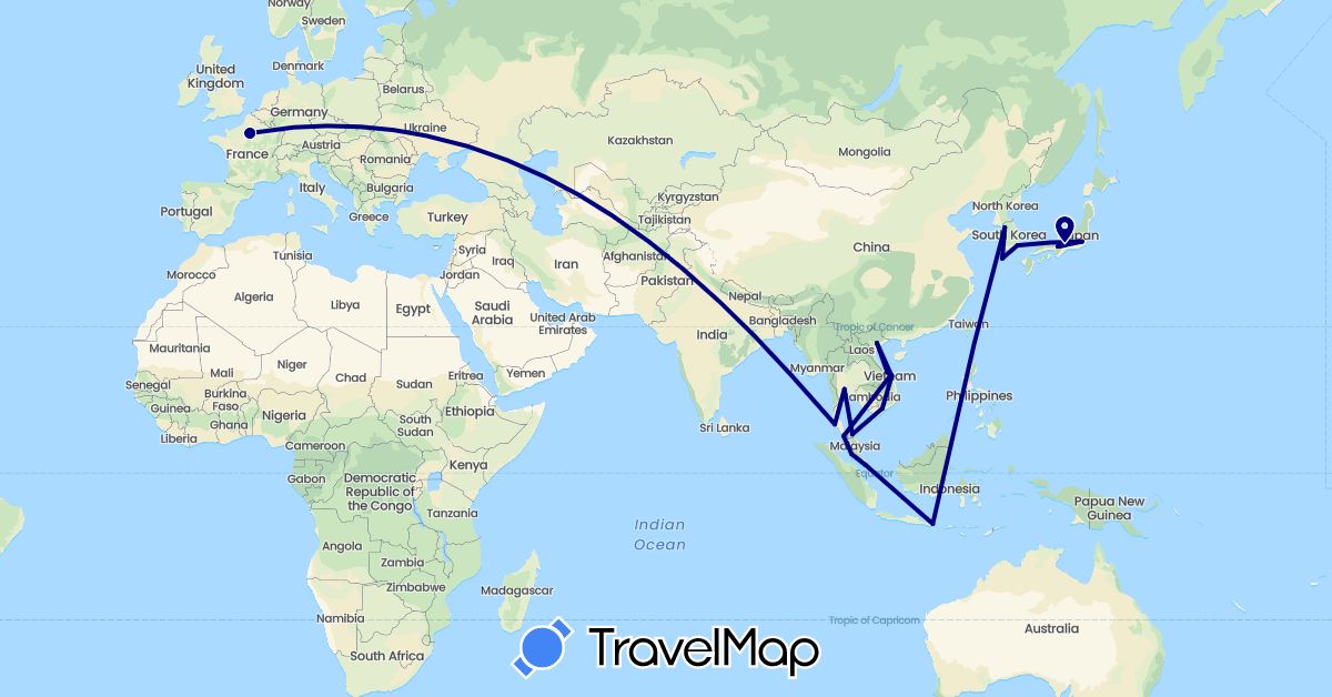TravelMap itinerary: driving in France, Indonesia, Japan, South Korea, Malaysia, Singapore, Thailand, Vietnam (Asia, Europe)